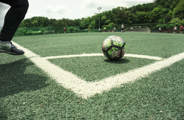 soccer Football on Corner kick line of ball and a soccer field