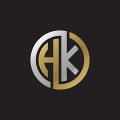 Initial letter HK, looping line, circle shape logo, silver gold color on black background