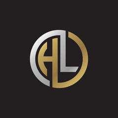 Initial letter HL, looping line, circle shape logo, silver gold color on black background
