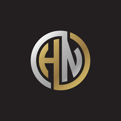 Initial letter HN, looping line, circle shape logo, silver gold color on black background