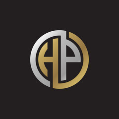 Initial letter HP, looping line, circle shape logo, silver gold color on black background