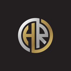 Initial letter HR, looping line, circle shape logo, silver gold color on black background