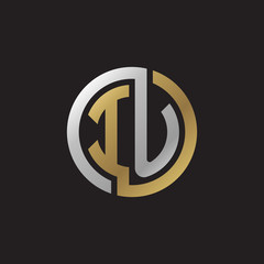 Initial letter IU, looping line, circle shape logo, silver gold color on black background