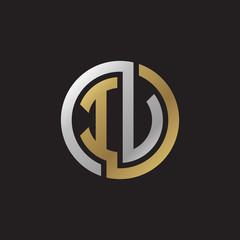 Initial letter IV, IU, looping line, circle shape logo, silver gold color on black background
