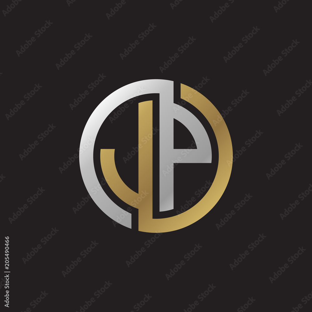 Wall mural Initial letter JP, looping line, circle shape logo, silver gold color on black background