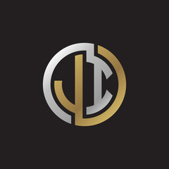 Initial letter JI, looping line, circle shape logo, silver gold color on black background