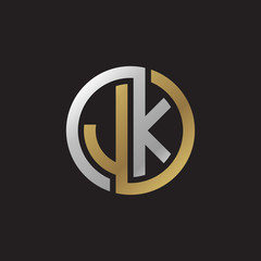 Initial letter JK, looping line, circle shape logo, silver gold color on black background