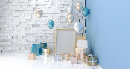 Realistic Room With  Party Balloons, Gift Boxes And Paper Bags And Empty Poster For Text 3D Rendering