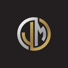 Initial letter JM, looping line, circle shape logo, silver gold color on black background