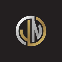 Initial letter JN, looping line, circle shape logo, silver gold color on black background