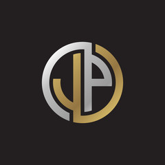Initial letter JP, looping line, circle shape logo, silver gold color on black background