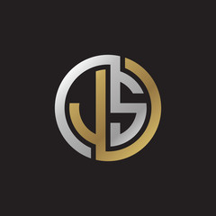 Initial letter JS, looping line, circle shape logo, silver gold color on black background