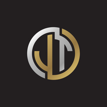 Initial letter JT, looping line, circle shape logo, silver gold color on black background