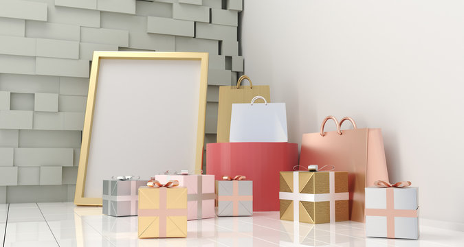 Realistic Room With Stone Wall, Gift Boxes, Shopping Paper Bags And Empty Poster 3D Rendering
