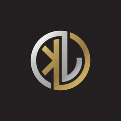 Initial letter KJ, KL, looping line, circle shape logo, silver gold color on black background