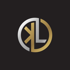 Initial letter KL, looping line, circle shape logo, silver gold color on black background