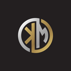 Initial letter KM, looping line, circle shape logo, silver gold color on black background