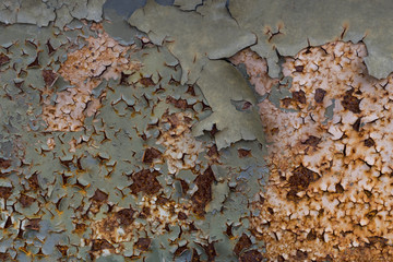 Corrosion of rust and color on old metal surfaces.
