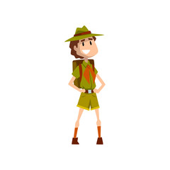 Smiling boy scout character in uniform standing with backpack vector Illustration on a white background