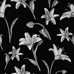 Vector realistic pink lily blossom leaves stem set