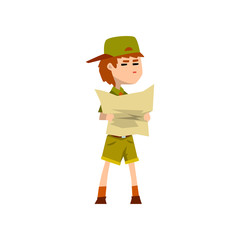 Boy scout character in uniform holding tourist map, outdoor adventures and survival activity in camping vector Illustration on a white background