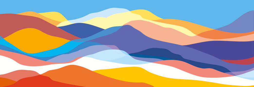 Multicolored mountains, orange and blue waves, abstract shapes, modern background, vector design Illustration for you project © panimoni