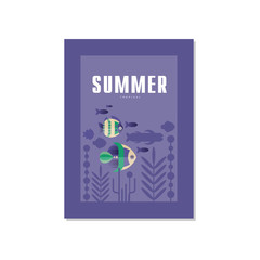 Summer tropical banner template, trendy seasonal blue background with tropical fish for poster, flayer, postcard, cover, brochure, prints, invitation vector Illustration