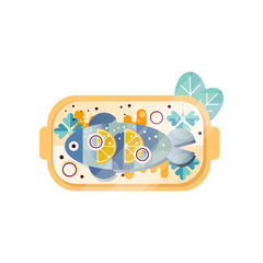 Sea fish with sauce, fresh lemon, parsley and onion rings on plate. Delicious meal from seafood. Abstract flat vector design with texture