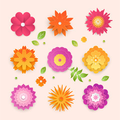 Paper cut flowers - set of modern vector colorful objects
