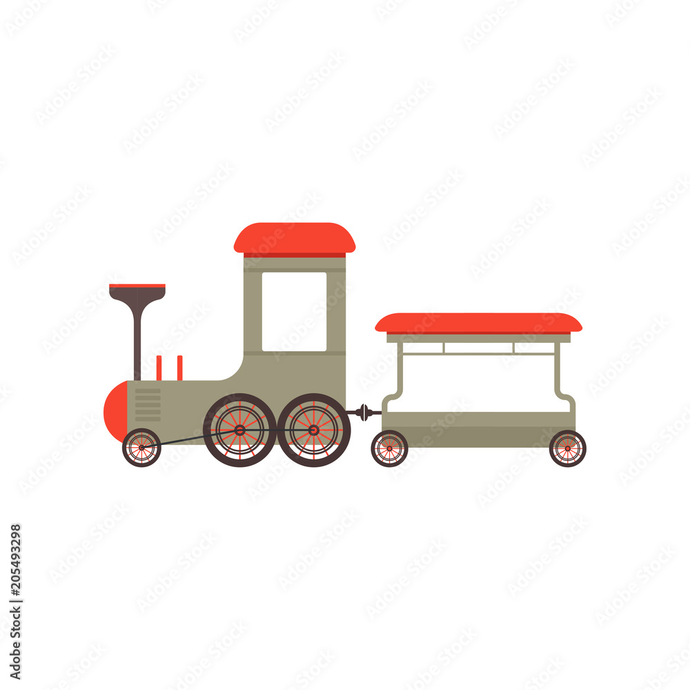 Sticker Kids cartoon gray toy train, railroad toy with locomotive vector Illustration on a white background