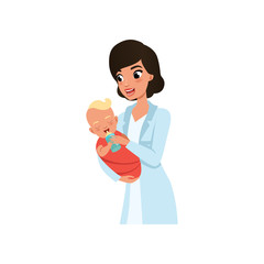 Female pediatrician or nurse in white coat feeding baby from a bottle, healthcare for children vector Illustration on a white background