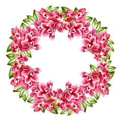 Beautiful, bright watercolor wreath with orchids. 