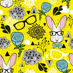 Seamless pattern with hipster rabbit .