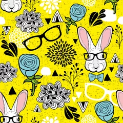 Acrylic prints Yellow Seamless pattern with hipster rabbit .