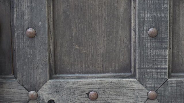 Dolly shot of Lion head door handle, on wooden door