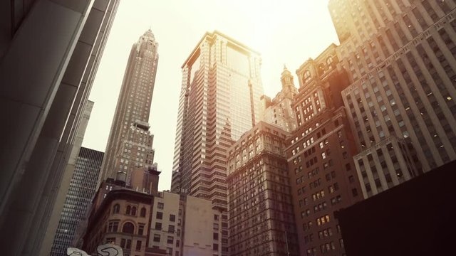 Low Angle Moving Shot of Big Modern Skyscrapers of New York City. Cityscape of America. Shot on RED Epic 4K UHD Camera.