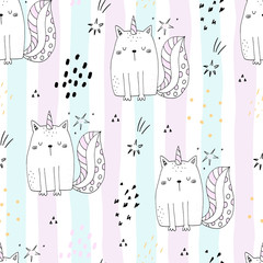 Seamless pattern with hand drawn cute cats unicorn. Cartoon cat vector illustration
