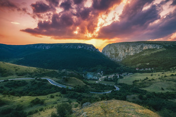 Turda Gorge (Cheile Turzii) panorama at sunset, natural reserve, Transylvania, Romania