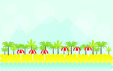 Summer vector illustration for site header, footer, web banner, flyer or postcard, modern flat design conceptual landscapes with sea/ocean, beach, palms and mountains. - 205496092