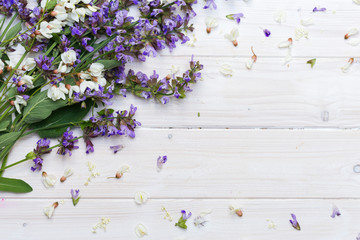 Blank tabletop scene with spring flowers