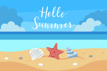 Fototapeta na wymiar Hello summer background with beach view, sand, sea shells, sea star. Vector illustration design template