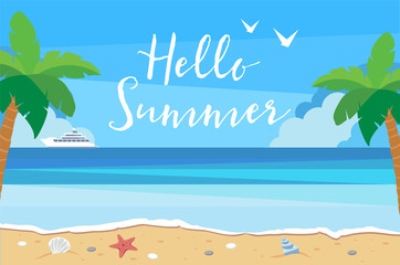 Fototapeta na wymiar Hello summer background with beach view, sand, sea shells, sea star, palms. Vector illustration design template