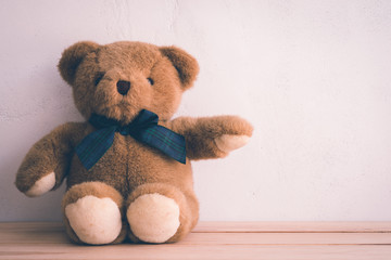 Teddy bear doll on white wall background - Retro tone