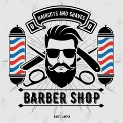 Barbershop Logo with barber pole in vintage style. Vector template - obrazy, fototapety, plakaty