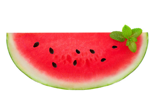 Isolated Watermelon. Sliced half of  watermelon with mint leaf   isolated on a white background, close up. Summer concept