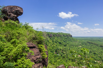 Beautiful scenery of the sandstone cliff with the jungle and blue sky in the background, Phu Sing, Bueng Kan, Thailand