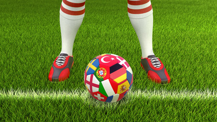 Fototapeta na wymiar Man and soccer ball with flags