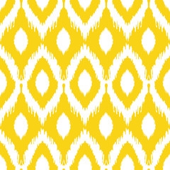 Seamless ikat pattern in yellow and grey colors. Vector tribal background - 205499222