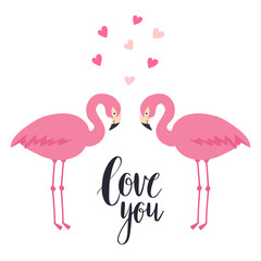 Two pink flamingos in love