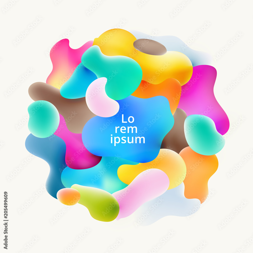 Poster abstract fluid colorful bubbles shapes overlap on white background.
